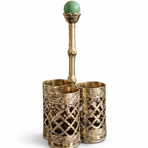 Vtg Brass Triple Lipstick Holder Gold Jade Bead Filigree Hollywood Regency